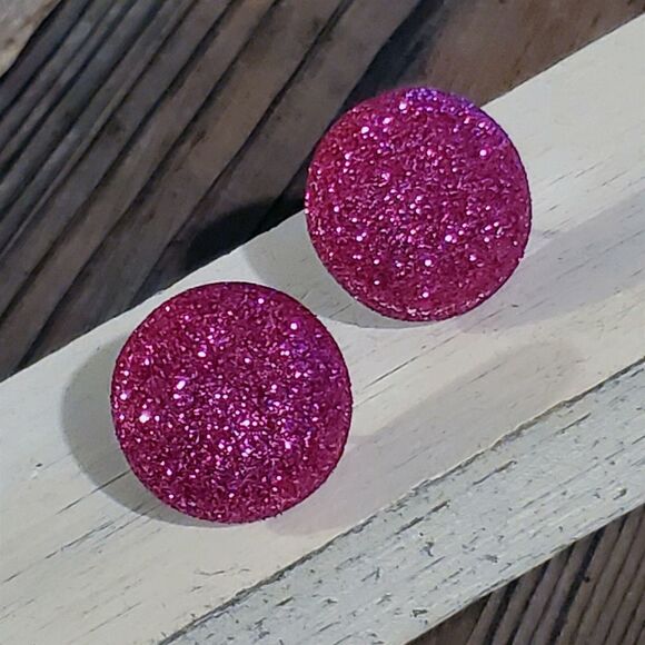 Retro 80s Club Glam Disco Sparkly Magenta Pink Fabric Button Earrings - Picture 1 of 10